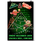 A green vertical poster that has two illustrated figured of Cox and Crendor in Christmas sweaters decorating a curiously illuminati looking Christmas tree. Text on the bottom says, "FRIDAY DECEMBER 20TH LINCOLN HALL, CHICAGO"