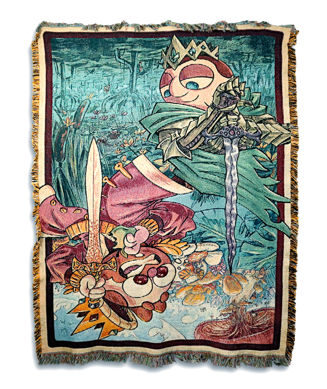 Blanket with illustrations of Cox and Crendor. A crowned knight in green with a very round face holding a sword and then on the opposite side almost like a playing card another king with red hair and a golden sword looking scared eating an apple and wearing a red outfit. Background looks like a blue sky with a Monet style pond.