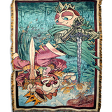 Blanket with illustrations of Cox and Crendor. A crowned knight in green with a very round face holding a sword and then on the opposite side almost like a playing card another king with red hair and a golden sword looking scared eating an apple and wearing a red outfit. Background looks like a blue sky with a Monet style pond.