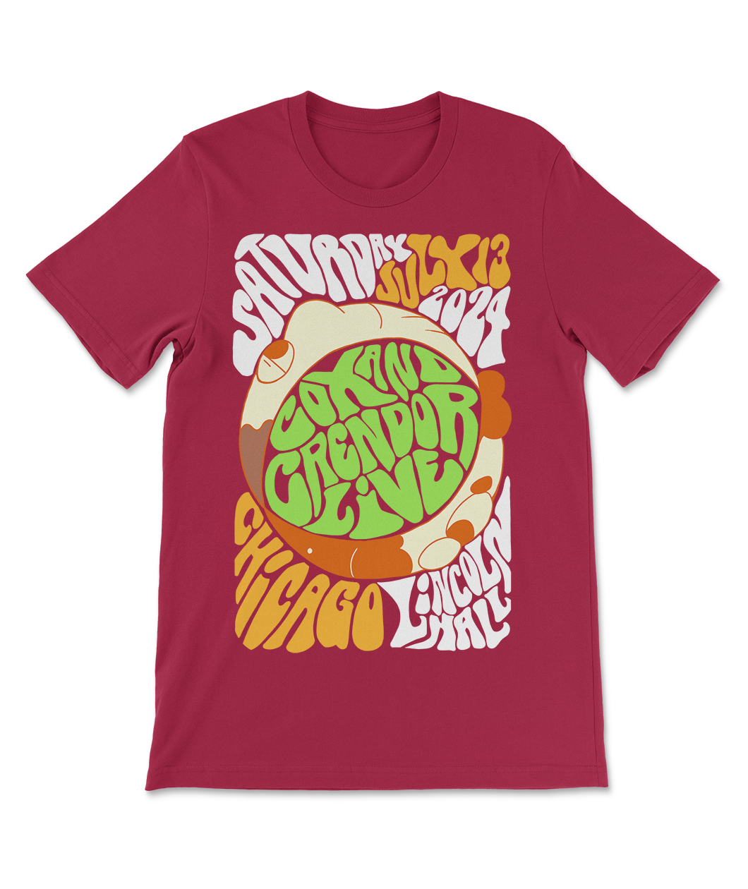 Cardinal red colored short sleeve t-shirt with groovy 70s style text and illustration of Cox n' Crendor printed centered on the front of the shirt. Groovy text says, "Saturday July 13 2024 Cox and Crendor Live Chicago Lincoln Hall". The Cox and Crendor Live text is a lime green centered in the middle of an illustration of the Cox n' Crendor heads in crescent moon shapes. Color pallete is maroon, orange, pale yellow, marigold, white, and lime green.