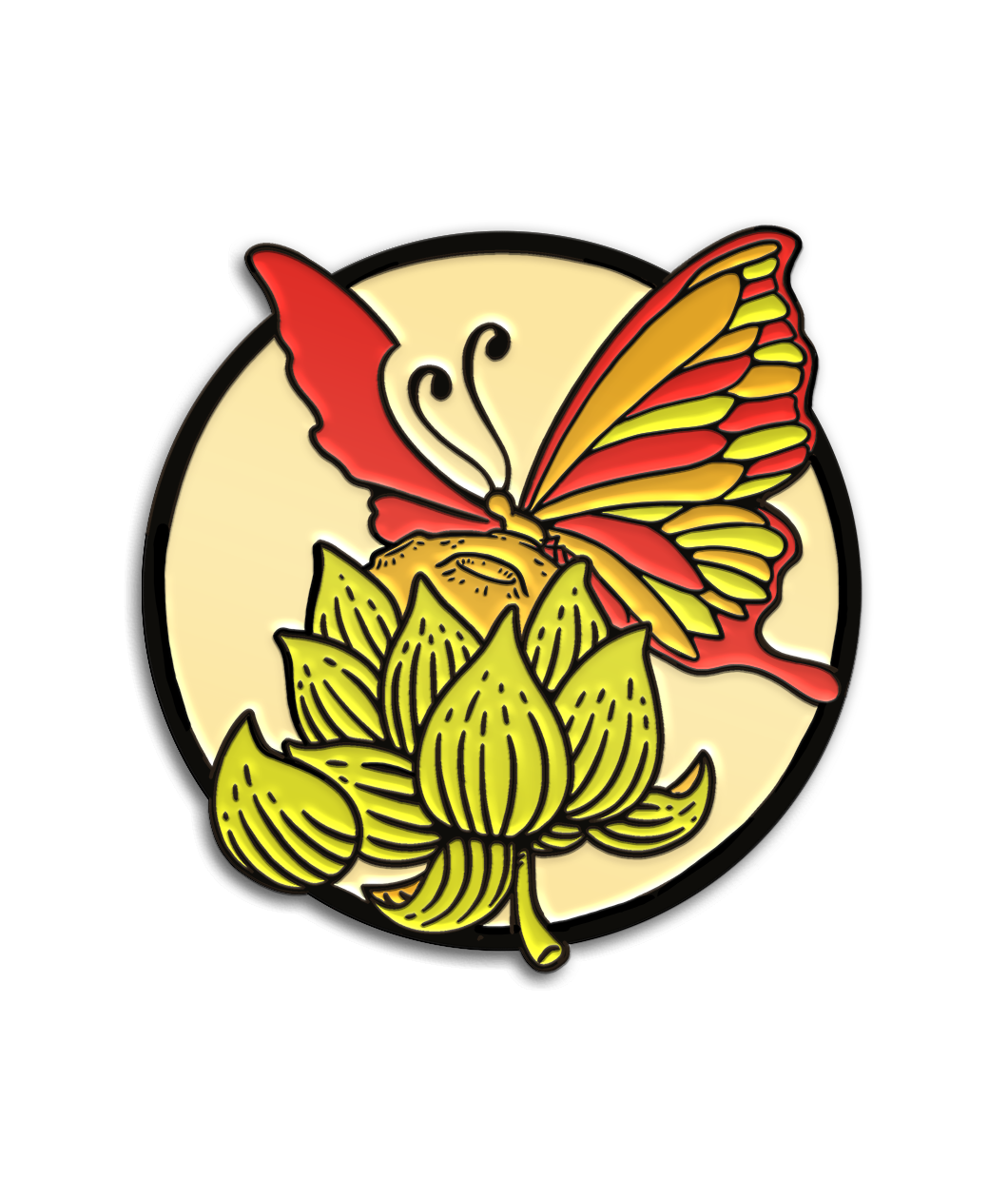 1.25" Soft Enamel Pin with black metal plating. Design of a butterfly with red, orange, and lime green wings sitting on an orange moon that is peaking out of a lime green hops plant. The background is a cream colored circle with the black metal plated border.