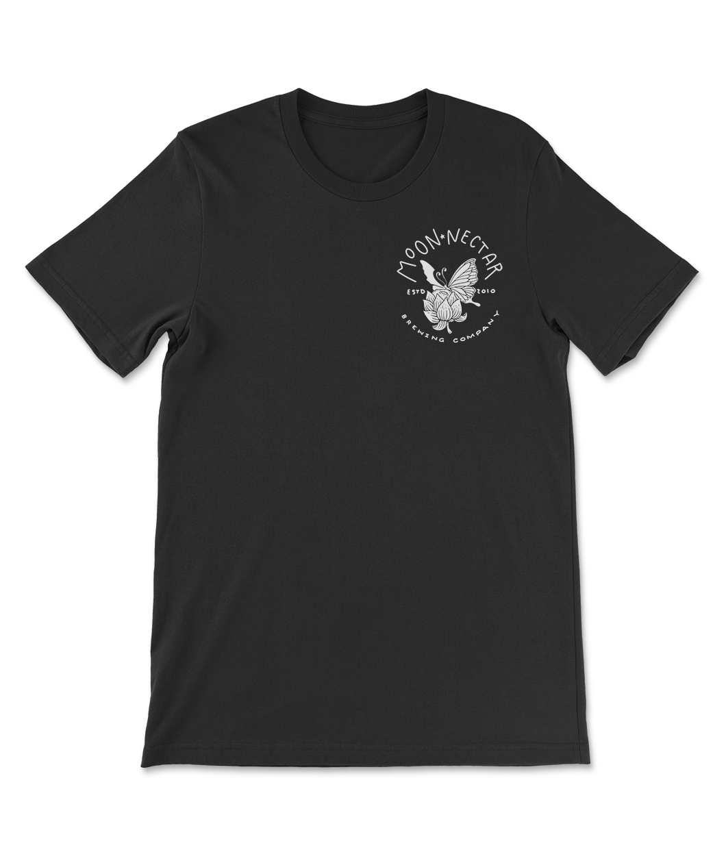 Black T-shirt with white print. Left front chest has logo for Moon Nectar Brewing Company, a butterfly on a hops plant with the moon peaking out. EST in 2010 frames the logos center. 