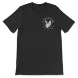 Black T-shirt with white print. Left front chest has logo for Moon Nectar Brewing Company, a butterfly on a hops plant with the moon peaking out. EST in 2010 frames the logos center. 