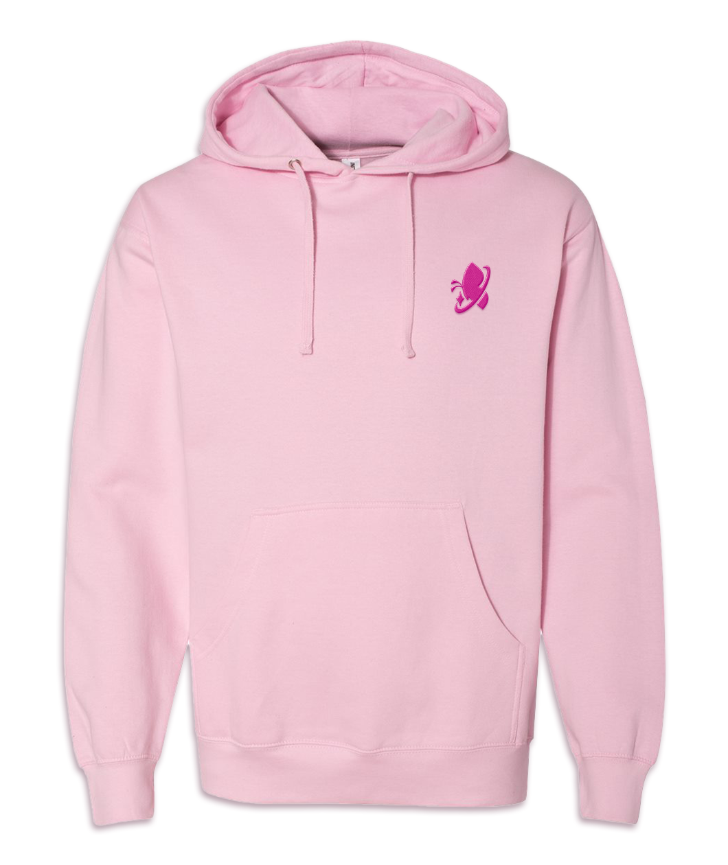 Light pink hoodie with front lower pocket that has a pink embroidered space butterfly logo in the upper right chest area.