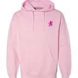 Light pink hoodie with front lower pocket that has a pink embroidered space butterfly logo in the upper right chest area.