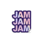 3" vinyl die cut sticker with bold block text. A purple sticker with purple holographic text says, "JAM JAM JAM".