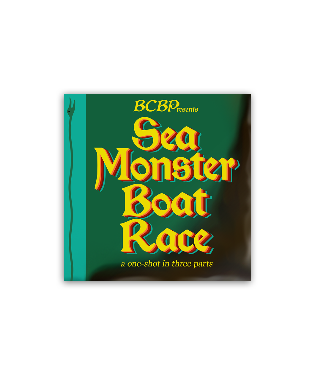 Burnt Cook Book Party logo, but instead of Burnt Cook Book Party it says BCBPresents SEA MONSTER BOAT RACE a one-shot in three parts. This logo looks like a green square with a burnt corner and mainly yellow medieval font style text with rainbow drop shadow.