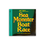 Burnt Cook Book Party logo, but instead of Burnt Cook Book Party it says BCBPresents SEA MONSTER BOAT RACE a one-shot in three parts. This logo looks like a green square with a burnt corner and mainly yellow medieval font style text with rainbow drop shadow.