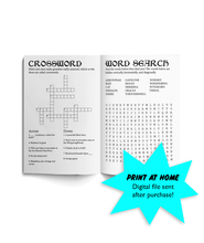 Example of how zine can look inside after it is printed and folded at home. A crossword puzzle is on the inner left page and there is a word search on the right. An icon in the lower right corner says "PRINT AT HOME - Digital file sent after purchase!"