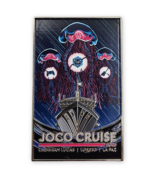 Silver plated enamel pin with a ship design and 'Joco Cruise' branding.