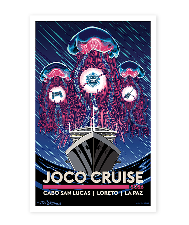 Joco Cruise poster with a ship and jellyfish in a storm illustration with a white border