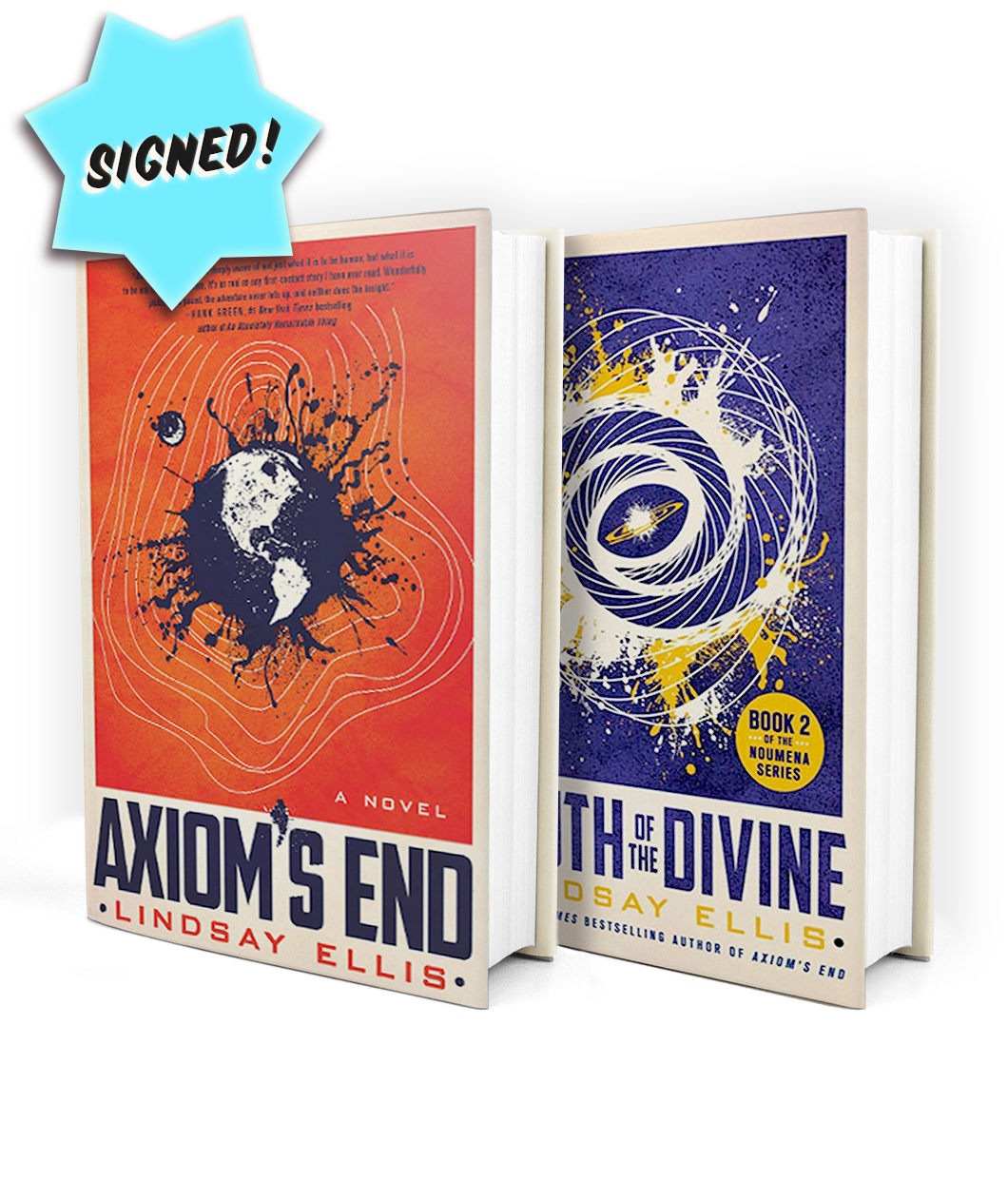 Axiom's End and Truth of the Divine books by Lindsay Ellis that are both signed by the author! Astronomical artwork on both covers.