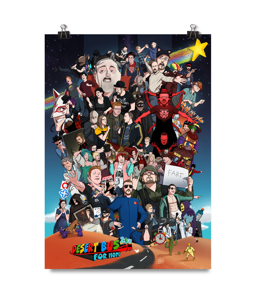 A digital mockup of the 2017 Desert Bus for Hope poster. It features an illustration of references to the show and the title has been stylized to resemble the Super Mario logo.