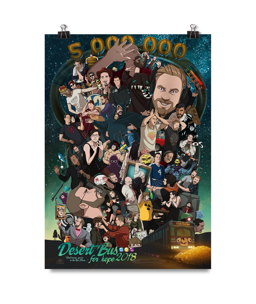 A digital mockup of a poster. It reads "5,000,000" "Desert Bus for hope 2018; Don't worry, you're in the bus place." It features an illustration of various moments from the show.