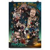 A digital mockup of a poster. It reads "5,000,000" "Desert Bus for hope 2018; Don't worry, you're in the bus place." It features an illustration of various moments from the show.
