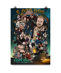 A digital mockup of a poster. It reads "5,000,000" "Desert Bus for hope 2018; Don't worry, you're in the bus place." It features an illustration of various moments from the show.