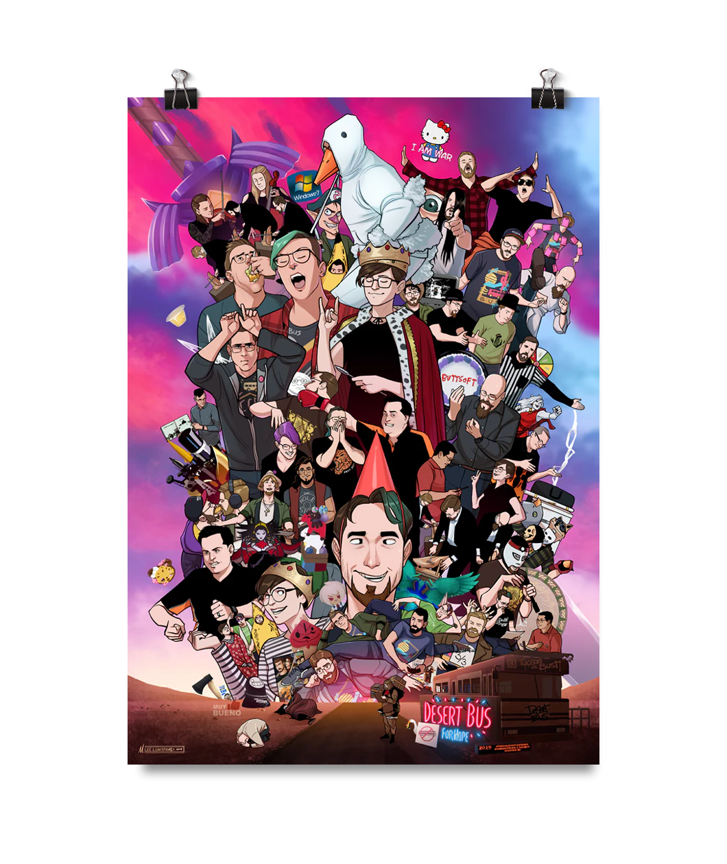 A digital mockup of a poster. It features an illustration of various moments from the show and reads "Desert Bus for Hope"