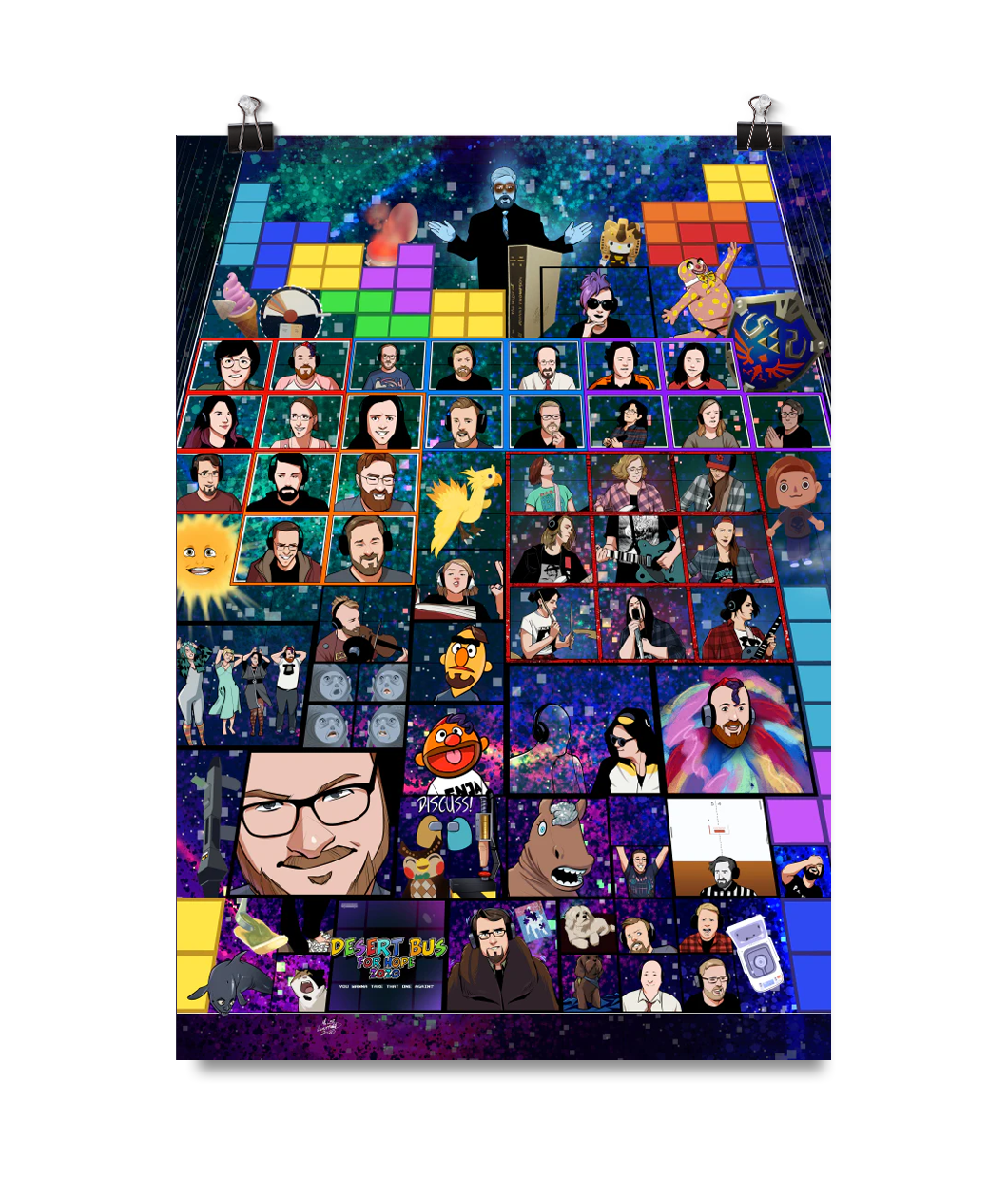 A digital mockup of a poster. It features an illustration of various references to the show in a Tetris block layout and reads "Desert Bus for Hope 2020"