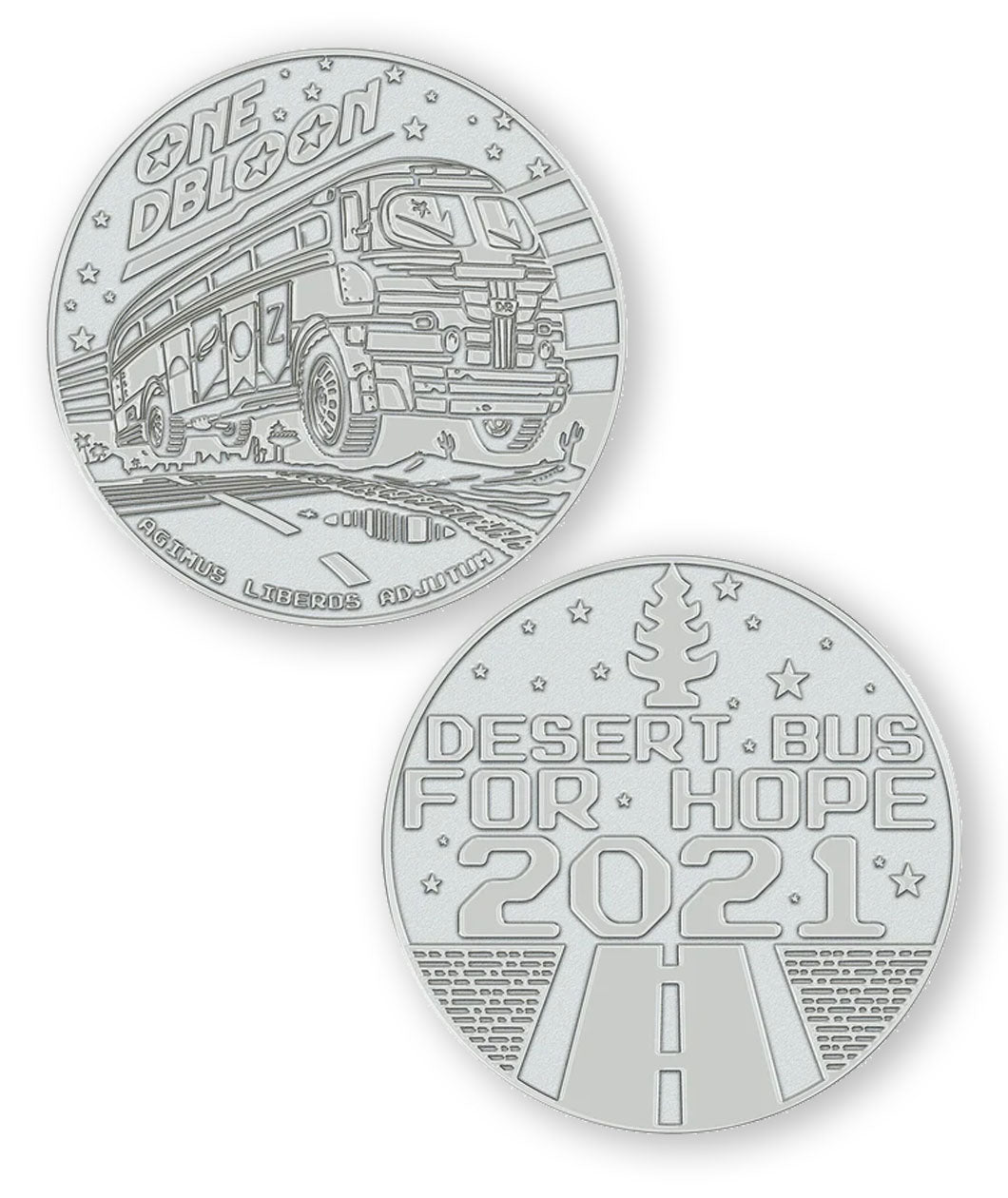A digital mockup of a silver coin. The front shows an image of a bus with the text "One DBloon; Agimus Liberos Adjutum" The back shows an image of a road and tree-shaped air freshener with the text "Desert Bus for Hope 2021"