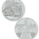 A digital mockup of a silver coin. The front shows an image of a bus with the text "One DBloon; Agimus Liberos Adjutum" The back shows an image of a road and tree-shaped air freshener with the text "Desert Bus for Hope 2021"