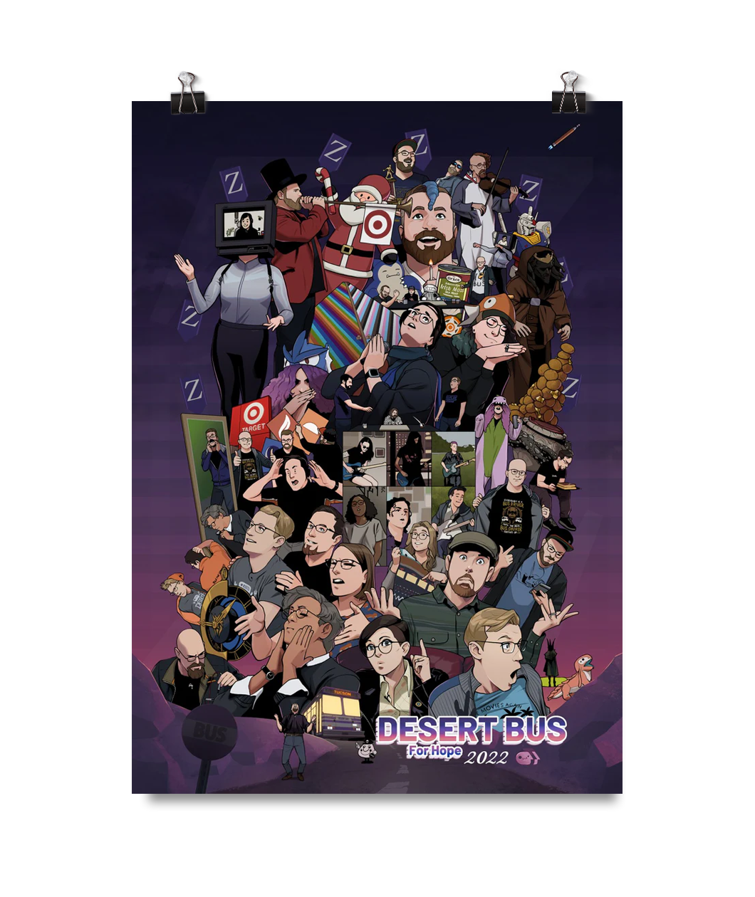 A digital mockup of a poster. It features an illustration of various moments from the show and reads "Desert Bus For Hope 2022"