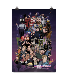A digital mockup of a poster. It features an illustration of various moments from the show and reads "Desert Bus For Hope 2022"