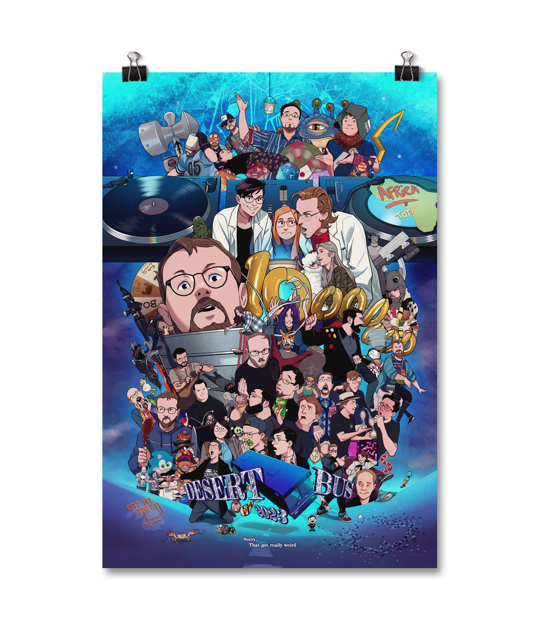A digital mockup of a poster. It reads "10,000,000" "Desert Bus 2023; Sorry... That got really weird" It features an illustration of various moments from the show.