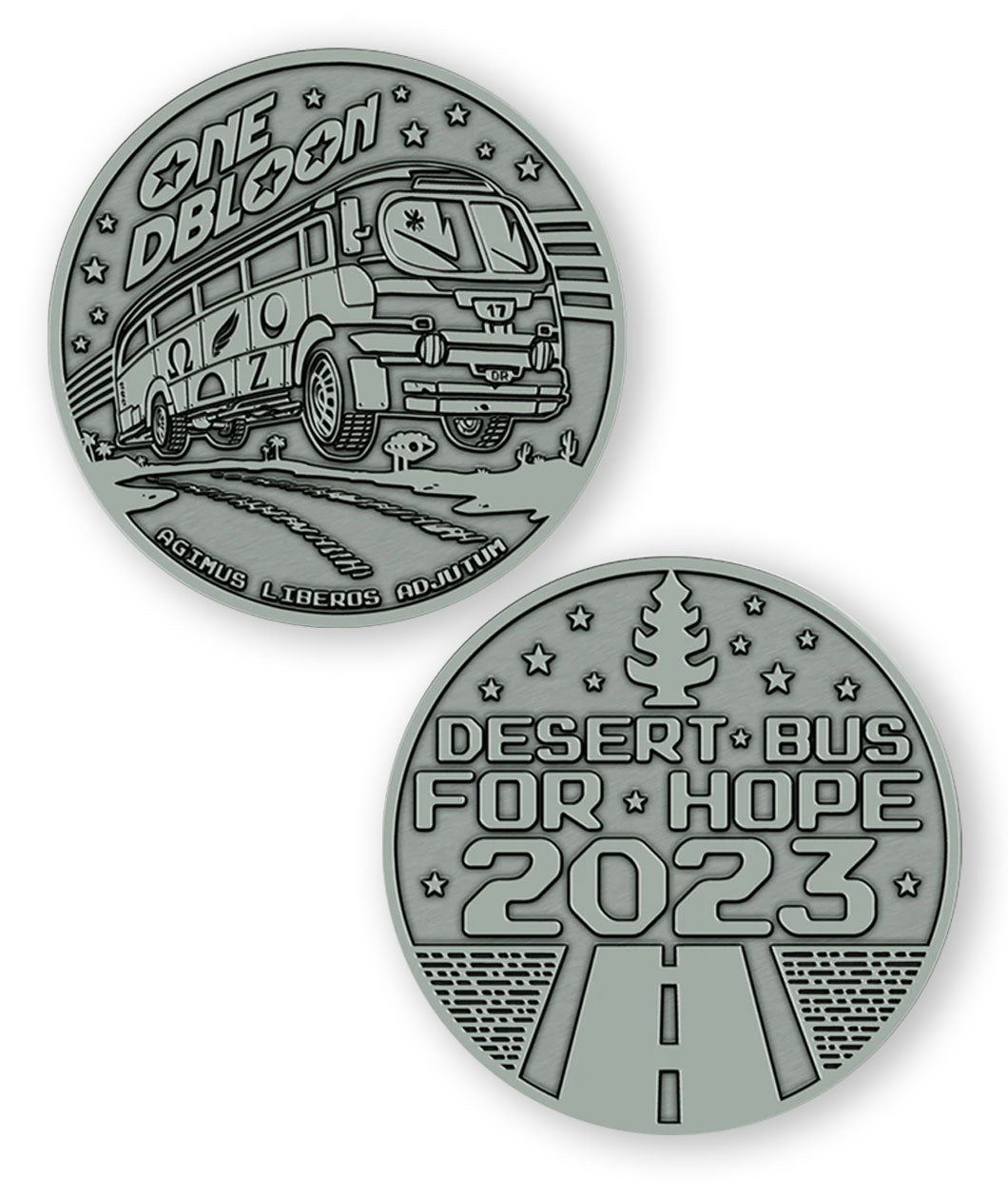 A digital mockup of a dark silver coin. The front shows an image of a bus with the text "One DBloon; Agimus Liberos Adjutum" The back shows an image of a road and tree-shaped air freshener with the text "Desert Bus for Hope 2023"