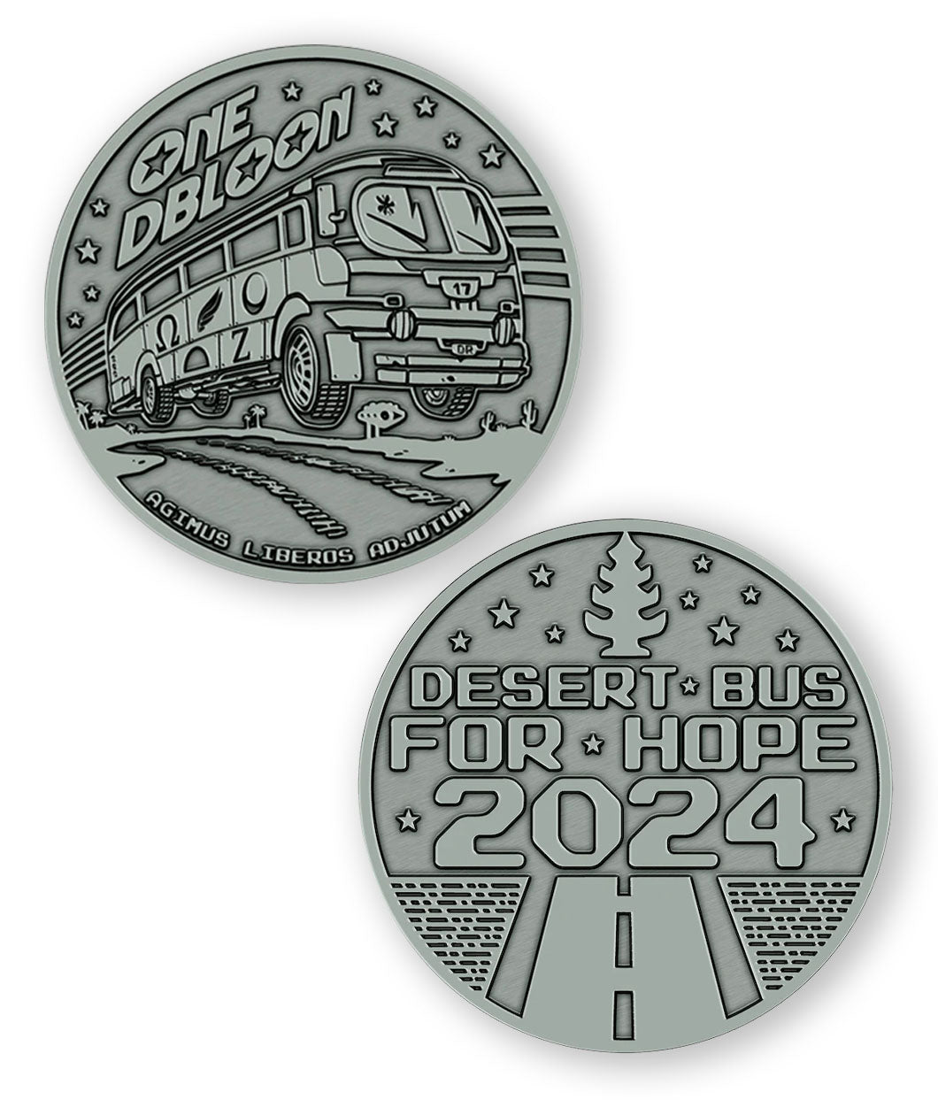 A digital mockup of a dark silver coin. The front shows an image of a bus with the text "One DBloon; Agimus Liberos Adjutum" The back shows an image of a road and tree-shaped air freshener with the text "Desert Bus for Hope 2024"