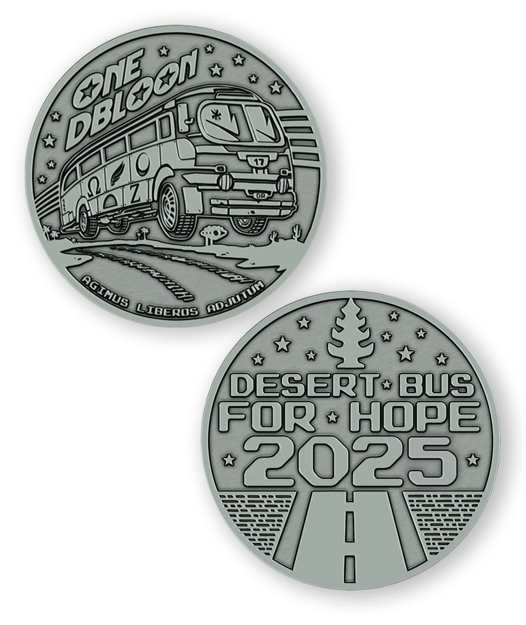 A digital mockup of a dark silver coin. The front shows an image of a bus with the text "One DBloon; Agimus Liberos Adjutum" The back shows an image of a road and tree-shaped air freshener with the text "Desert Bus for Hope 2025"