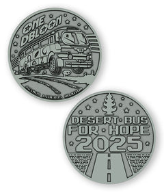 A digital mockup of a dark silver coin. The front shows an image of a bus with the text "One DBloon; Agimus Liberos Adjutum" The back shows an image of a road and tree-shaped air freshener with the text "Desert Bus for Hope 2025"
