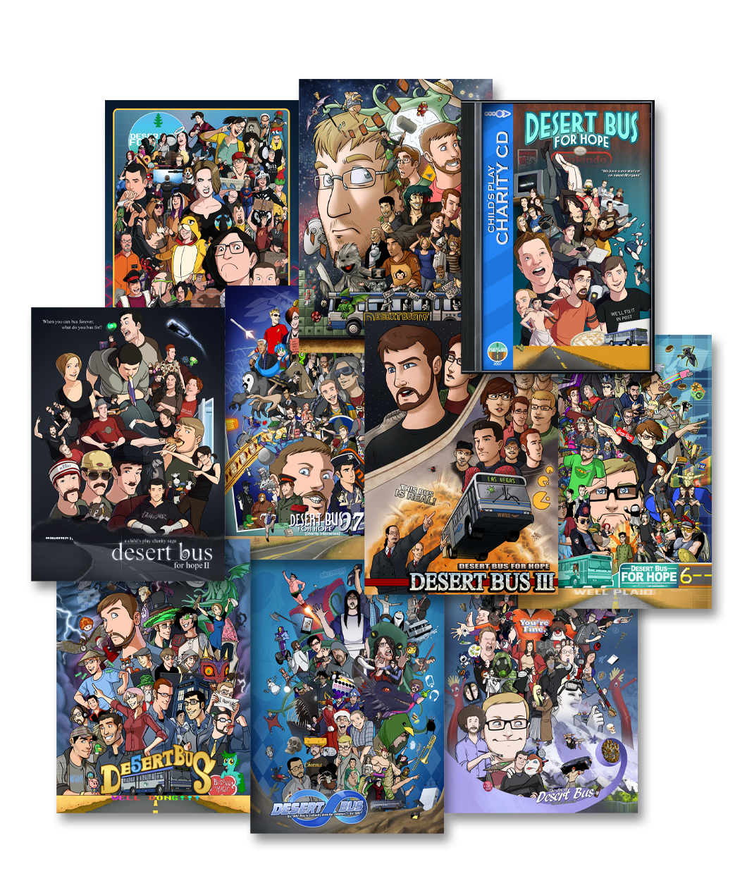 A mockup compilation of the 10 posters available in the Desert Bus 1-10 Poster bundle.