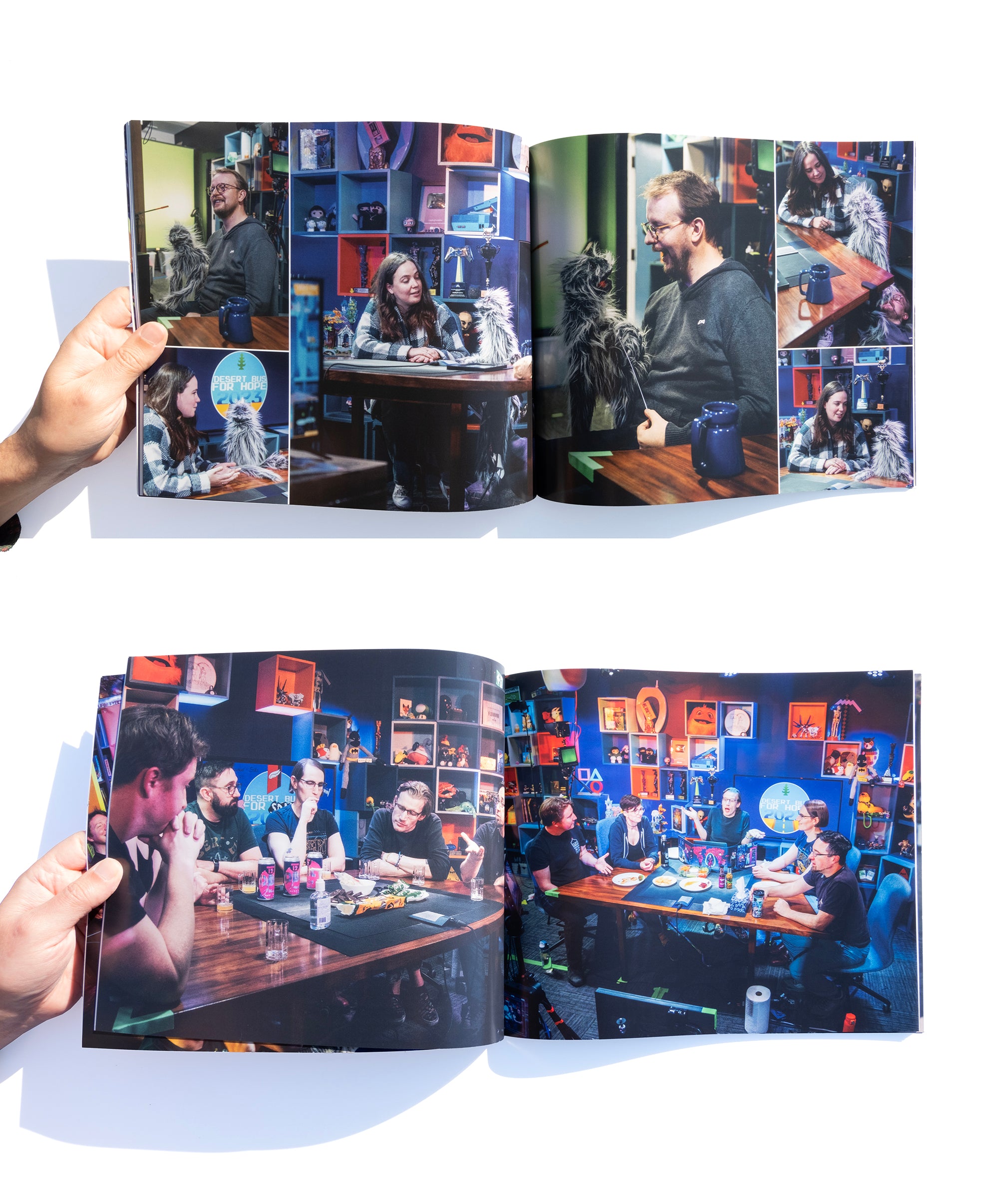 A photo of several inner pages from the Desert Bus for Hope 2023 photo book.