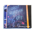 A photo of the front of the Desert Bus for Hope 2024 photo book. It features a chalkboard illustration that reads "Great Canadian Bus Off"