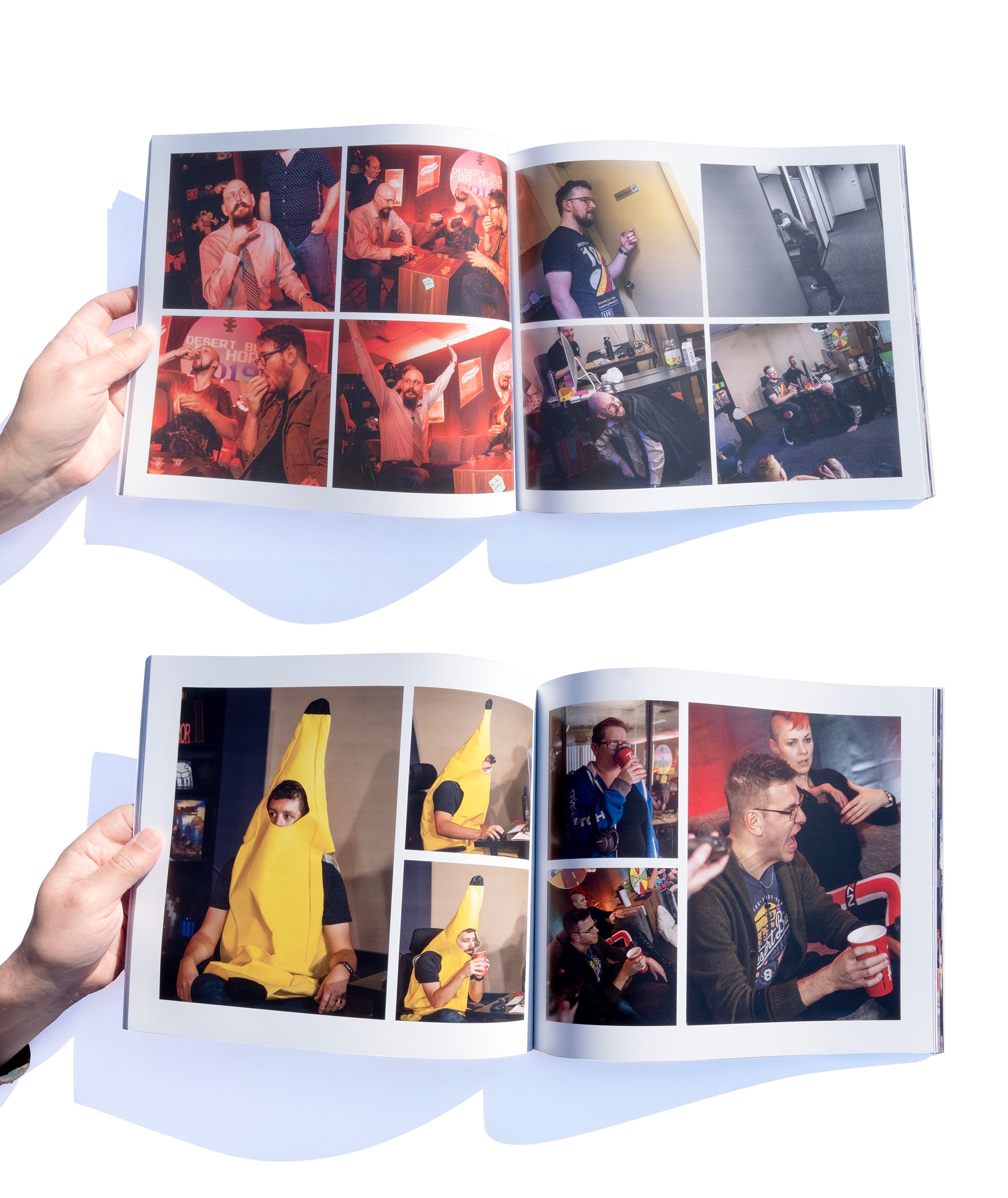 A photo of several inner pages from the Desert Bus for Hope 2019 photo book.