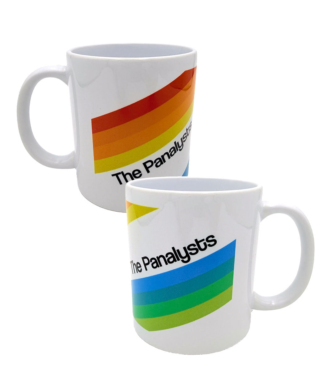 A photo mashup showing two sides of the same mug. The design reads "The Panalysts" with one side featuring red and orange stripes and the other featuring blue and green stripes.