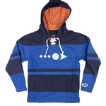 Blue and navy hockey hoodie with white loadingreadyrun logo embroidered in the center. A 20 year patch is embroidered on the left sleeve and the inner lining is orange with custom white text printing.