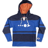 Blue and navy hockey hoodie with white loadingreadyrun logo embroidered in the center. A 20 year patch is embroidered on the left sleeve and the inner lining is orange with custom white text printing.