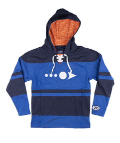 Blue and navy hockey hoodie with white loadingreadyrun logo embroidered in the center. A 20 year patch is embroidered on the left sleeve and the inner lining is orange with custom white text printing.