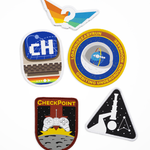 Set of five retro-themed colorful patches