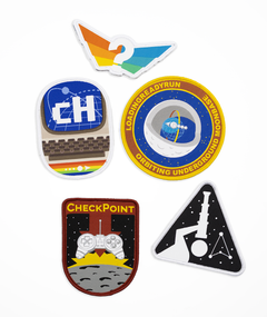Set of five retro-themed colorful patches