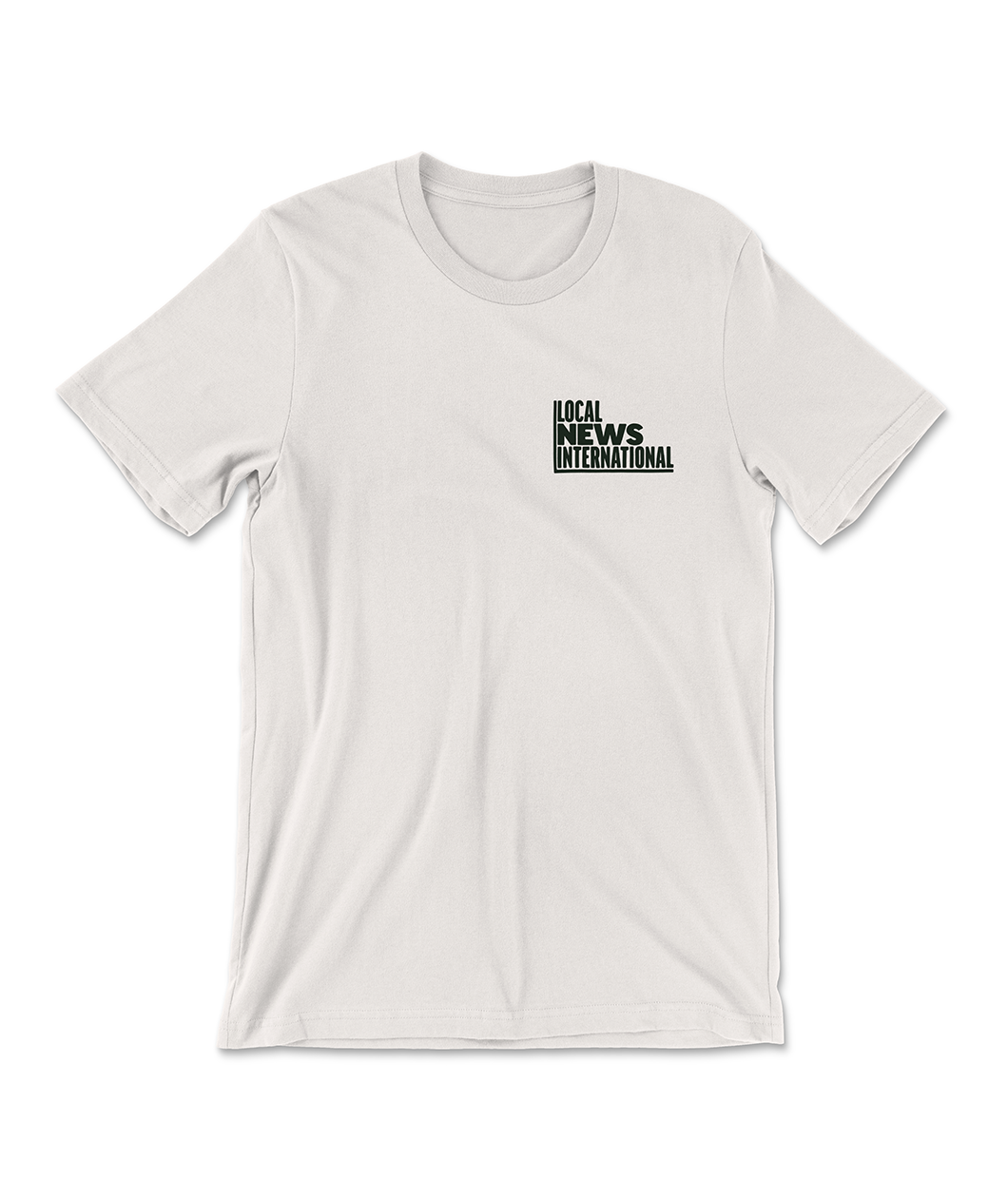 A t-shirt in natural white with a design printed on the front left chest. The design is the logo for Local News International. From Local News International.