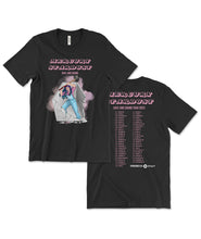 A black t-shirt that says "Mercury Stardust; Safe and Sound" in pink block letters. There is an illustration of someone with long blue hair and overalls holding a sledge hammer and breaking a concrete wall. The back of the t-shirt has a list of cities from the Safe and Sound Tour 2023.