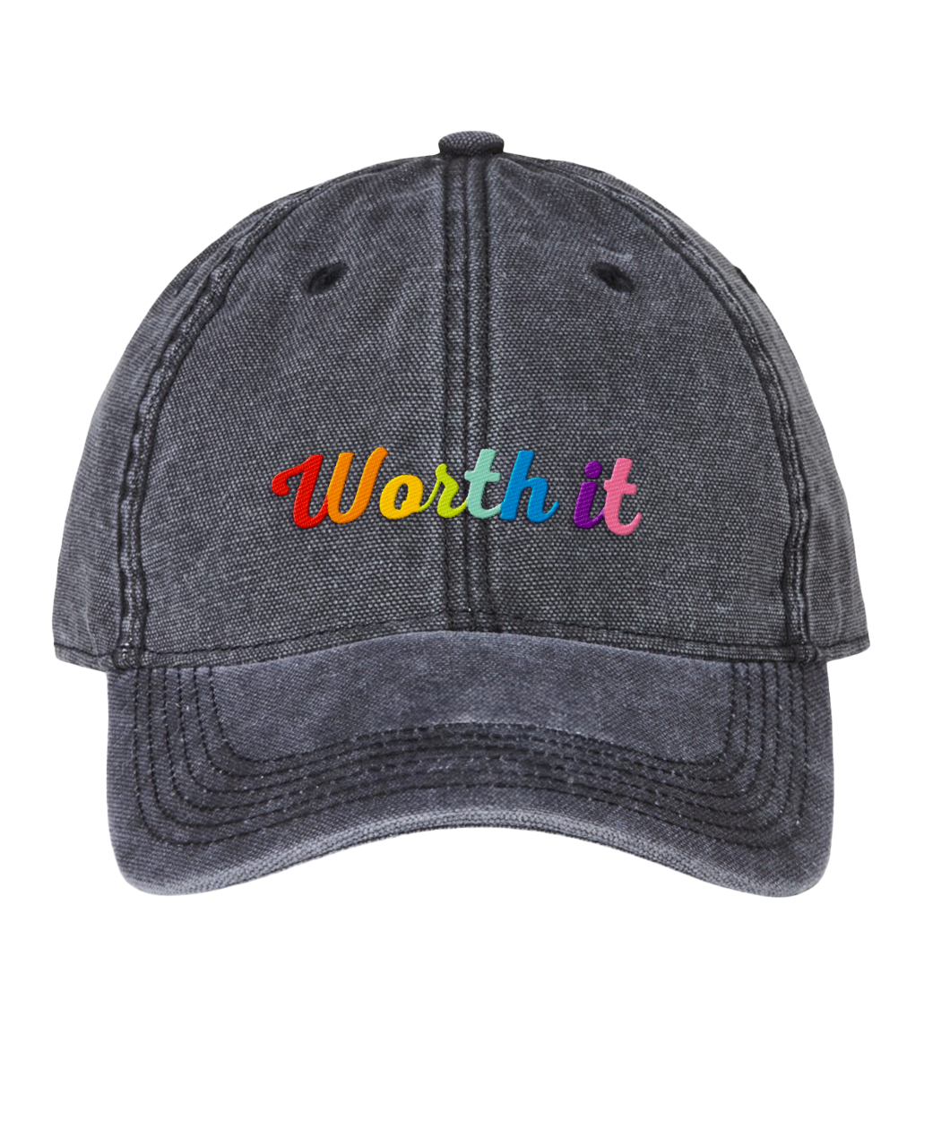Black acid washed cotton 6 panel dad hat with embroidered text 