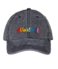 Black acid washed cotton 6 panel dad hat with embroidered text "Worth it" in a script font and rainbow gradient.