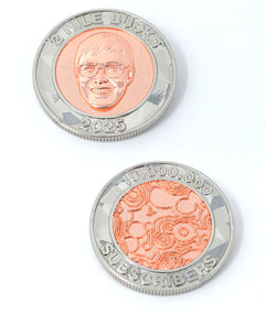 A photo showing two sides of a coin. The first shows an image of Nigel from NileRed and the text "2 Nile Bucks; 2025" and the second shows the NileRed logo and the text "10,000,000 Subscribers" Both sides have a diamond fractal pattern.