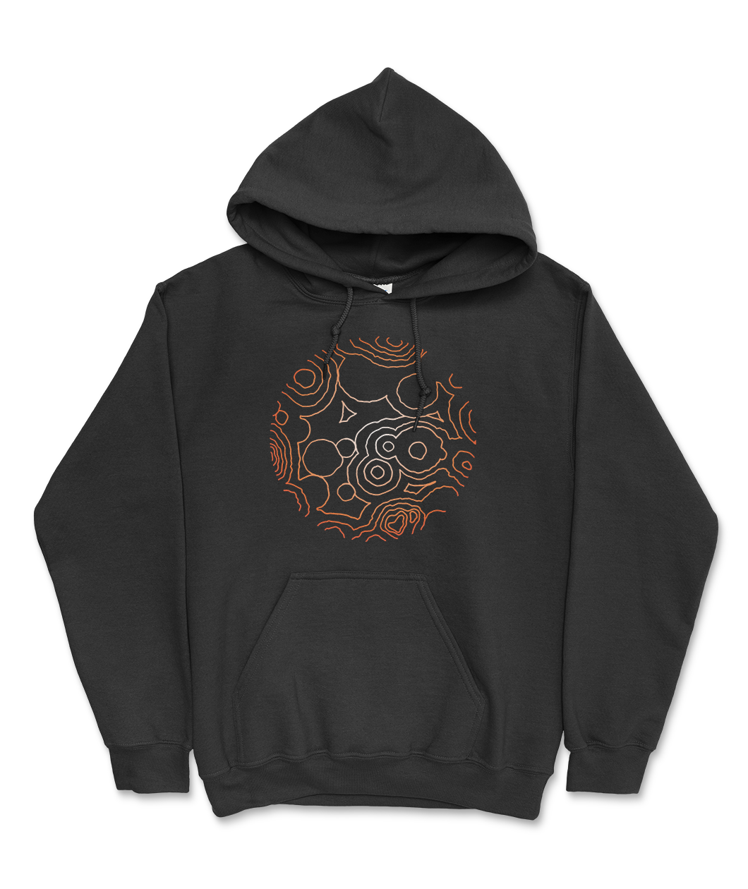 A black hoodie that has a front pocket centered on the mid lower front, as well as the NileRed logo of the chemical reaction for NileRed with a gradient that fades from white in the center to reddish orange on the edges. This large circular design fills a majority of the chest area centered.