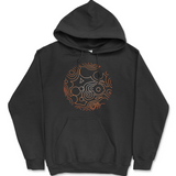 A black hoodie that has a front pocket centered on the mid lower front, as well as the NileRed logo of the chemical reaction for NileRed with a gradient that fades from white in the center to reddish orange on the edges. This large circular design fills a majority of the chest area centered.