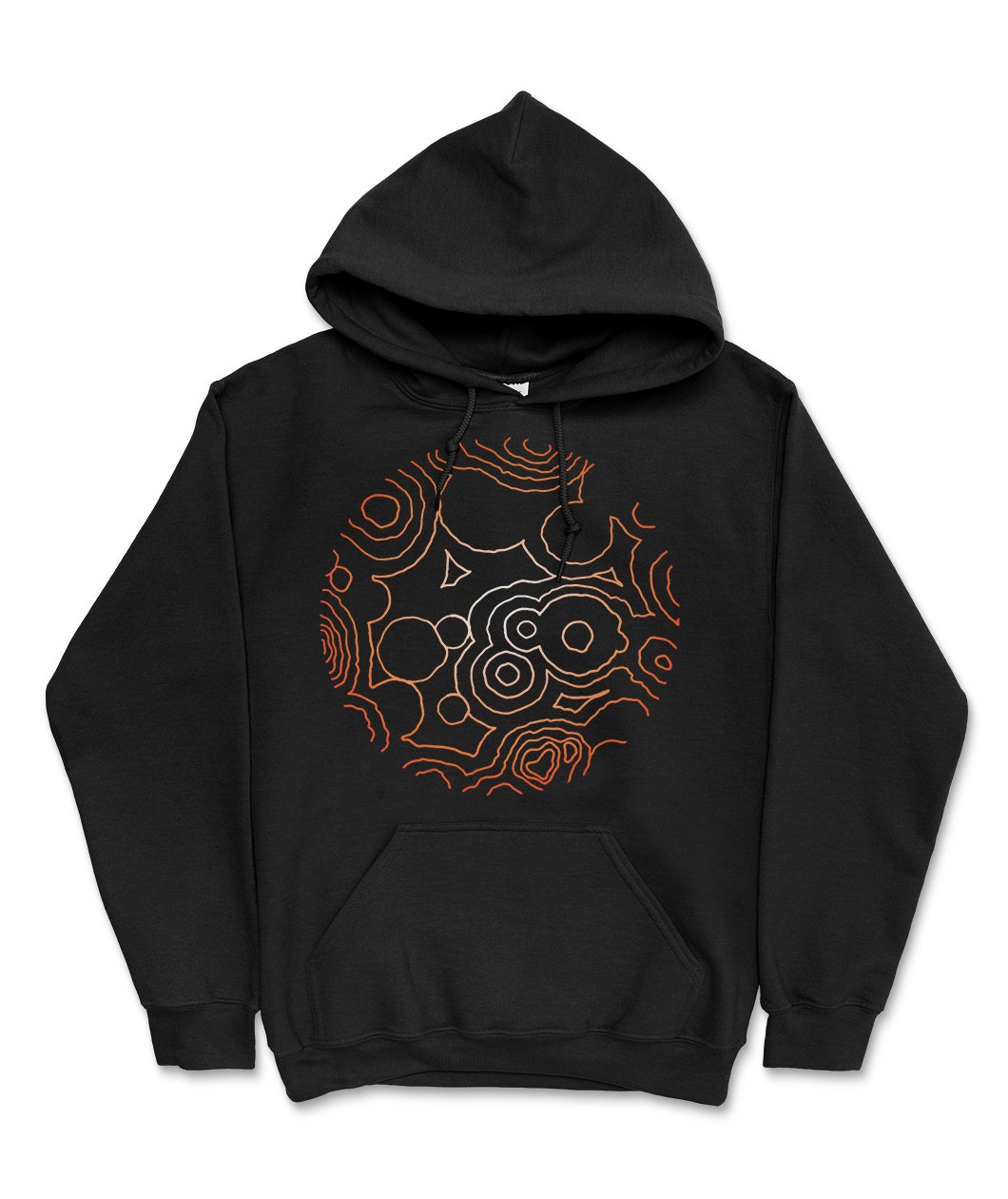 A black hoodie that has a front pocket centered on the mid lower front, as well as the NileRed logo of the chemical reaction for NileRed with a gradient that fades from white in the center to reddish orange on the edges. This large circular design fills a majority of the chest area centered.