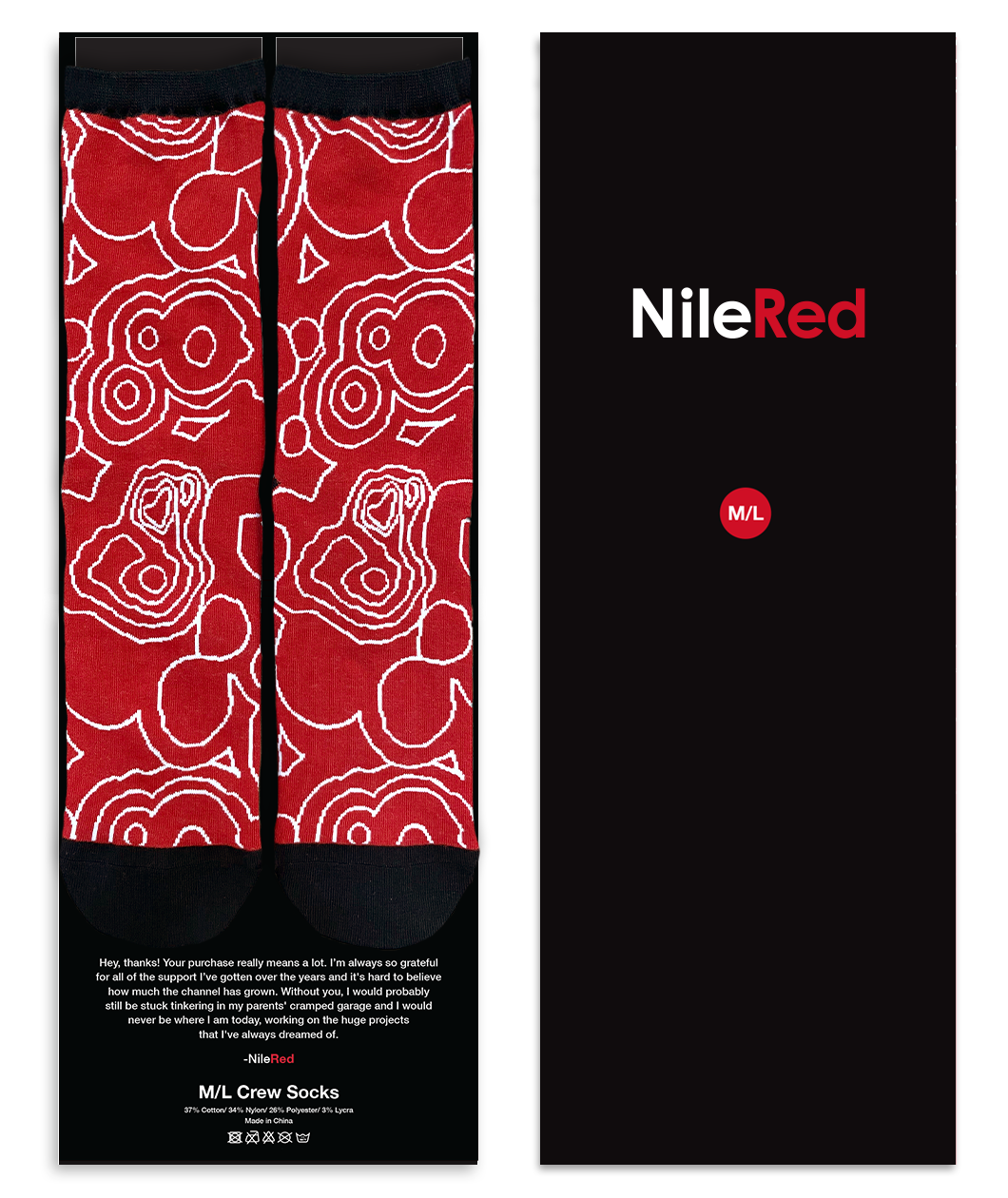 Red socks with the white line pattern and black accents on black sock packaging with NieRed branding on the front. Message from Nigel and the NileRed team on the inside of the packaging.